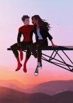  1boy 1girl cloud coat curly_hair dark_skin denim dusk highres jeans long_hair looking_at_viewer michelle_jones pants peter_parker shoes sitting sky sneakers spider-man spider-man_(series) vicious-xuan 