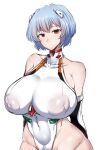  1girl absurdres ayanami_rei bare_shoulders blue_hair breasts covered_navel covered_nipples elbow_gloves gggg gloves headgear highres large_breasts leotard looking_at_viewer neon_genesis_evangelion red_eyes short_hair simple_background solo white_background 