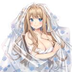  1girl bare_shoulders blue_eyes blush breasts bridal_veil cleavage covered_navel douya_(233) dress girls_frontline large_breasts looking_at_viewer smile snowflake_print solo suomi_kp31_(girls_frontline) upper_body veil wedding_dress white_background white_dress 