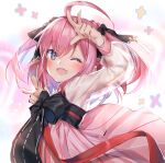  1girl ahoge alternate_costume azur_lane black_ribbon blush bow double_v douya_(233) eyebrows_visible_through_hair fang hair_ribbon hanbok korean_clothes looking_at_viewer one_eye_closed open_mouth pink_hair purple_eyes ribbon saratoga_(azur_lane) saratoga_(hibiscus-scented_idol)_(azur_lane) sidelocks skin_fang smile solo two_side_up upper_body v 