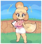  absurd_res animal_crossing anthro barefoot big_breasts bottomwear breasts canid canine canis cleavage clothed clothing domestic_dog feet female hi_res isabelle_(animal_crossing) looking_at_viewer mammal nintendo shih_tzu simmsyboy skirt solo toy_dog video_games wide_hips 