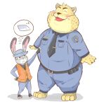  2016 andikapatok anthro benjamin_clawhauser blush bottomwear cheetah clothing disney duo eyes_closed fat_fetish felid feline hat headgear headwear hi_res humanoid_hands judy_hopps kemono lagomorph leporid male mammal necktie overweight overweight_male pants police police_badge police_officer police_uniform rabbit shirt simple_background topwear uniform white_background zootopia 