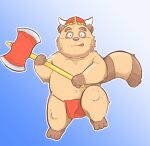  2015 andikapatok anthro axe bottomwear brown_body brown_fur canid canine clothing fur hi_res humanoid_hands kemono loincloth male mammal melee_weapon raccoon_dog simple_background slightly_chubby solo tanuki tongue tongue_out viking_helmet weapon 