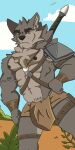  anthro barazoku canid canine canis clothing far_beyond_the_world_(series) hi_res jetwolf77 male mammal muscular muscular_anthro muscular_male nipples ranok_(far_beyond_the_world) simple_background solo video_games visual_novel wolf 