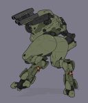  absurdres arm_cannon ass ass_focus english_commentary from_behind grey_background halo_(game) halo_4 highres looking_down mantis_(halo) mecha methados no_humans pun science_fiction shadow solo standing standing_on_one_leg weapon 