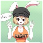  absurd_res big_breasts breasts brown_eyes carrot_(one_piece) clothing female hi_res lagomorph leporid looking_at_viewer mammal one_piece rabbit shirt simmsyboy solo speech_bubble tank_top text topwear 