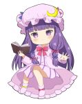 1girl :&lt; \||/ bangs blunt_bangs blush book chibi crescent crescent_hat_ornament crys_(dai) dress foreshortening full_body hat hat_ornament highres holding holding_book long_hair mob_cap open_book patchouli_knowledge pink_dress purple_eyes purple_hair simple_background solo touhou v-shaped_eyebrows very_long_hair white_background 