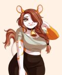  anthro bell bell_collar bottomwear bovid bovine braided_ponytail breasts brown_hair cattle clothed clothing collar eyelashes female hair hair_over_eye hand_behind_head hi_res mammal marycitrus midriff one_eye_obstructed shirt skirt slightly_chubby smile solo tail_tuft topwear tuft 