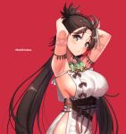 1girl armpits arms_behind_head arms_up bare_shoulders body_markings breasts brown_eyes brown_hair cleavage dress facial_mark fate/grand_order fate_(series) forehead forehead_mark highres himiko_(fate) kouzuki_tsubasa_(musou_kaidou) large_breasts long_hair looking_at_viewer magatama magatama_necklace red_background sash side_slit sideboob solo topknot twintails white_dress 