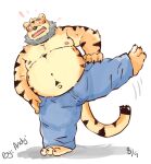  2015 andikapatok anthro beard belly blush bottomwear clothing facial_hair felid humanoid_hands kemono male mammal moobs nipples overweight overweight_anthro overweight_male pantherine pants simple_background solo tiger white_background 