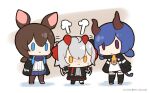  3girls :&gt; :&lt; :3 =3 ambience_synesthesia amiya_(arknights) animal_ears arknights ascot black_jacket black_legwear black_skirt blue_eyes blue_hair blue_neckwear blue_skirt blush brown_hair brown_legwear bunny_ears ch&#039;en_(arknights) chibi commentary demon_horns dragon_horns dragon_tail grey_hair grey_shirt headpat hm_(hmongt) horns jacket multiple_girls necktie nose_blush open_clothes open_jacket pantyhose pleated_skirt purple_eyes shirt short_twintails shorts skirt sweatdrop tail thighhighs twintails twitter_username v-shaped_eyes w_(arknights) waving_arms white_background white_shirt yellow_eyes yellow_neckwear 
