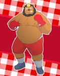  2015 andikapatok anthro beard belly black_nose bottomwear boxing boxing_gloves brown_body brown_fur clothing facial_hair fur handwear hi_res kemono male mammal moobs nipples overweight overweight_anthro overweight_male shorts solo sport ursid 