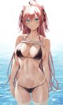  1girl ahoge bikini black_bikini blue_eyes breasts clothes_lift collarbone commentary_request cowboy_shot groin headband highres hiiragi_yuuichi large_breasts long_hair looking_at_viewer original red_hair shirt_lift soaking_feet solo standing swimsuit two_side_up water wet 