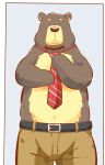  2016 andikapatok anthro beard bottomwear brown_body brown_fur brown_nose clothing facial_hair fur kemono male mammal necktie pants simple_background solo ursid 