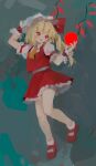  1girl ascot blonde_hair blue_background bow brush_stroke crystal fang flandre_scarlet frilled_skirt frills hand_on_own_head hat hat_bow highres holding knees_together_feet_apart mary_janes mob_cap no_lineart one_side_up open_mouth puffy_short_sleeves puffy_sleeves red_bow red_eyes red_footwear red_skirt red_vest reddizen shirt shoes short_hair short_sleeves side_ponytail skirt skirt_set solo standing touhou vest white_shirt wings wrist_cuffs 