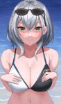  1girl artist_name asymmetrical_clothes bikini braid breasts cleavage closed_mouth eyebrows_behind_hair eyewear_on_head green_eyes highres hololive large_breasts looking_at_viewer navel ocean shirogane_noel short_hair shougun_(chuckni1) signature silver_hair single_braid solo sunglasses swimsuit upper_body virtual_youtuber 