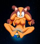  absurd_res animal_humanoid anthro badger blue_eyes breasts female hi_res humanoid macro mammal mammal_humanoid mustelid musteline nipples orange_body planet sega simple_background solo sonic_boom sonic_the_hedgehog_(series) space sticks_the_jungle_badger the_knight video_games 