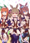  &gt;_&lt; 5girls :d ^_^ ahoge animal_ears arms_up bangs blue_eyes blue_flower blue_headwear blue_legwear blue_rose blue_shirt blush bow breasts brown_eyes brown_hair brown_shorts brown_vest cleavage closed_eyes closed_mouth commentary_request eyebrows_visible_through_hair flower garter_straps glowstick hair_between_eyes hair_bow hair_over_one_eye hairband hands_up hat hat_flower highres horse_ears horse_girl horse_tail long_hair medium_breasts mihono_bourbon_(umamusume) multiple_girls open_mouth pink_bow puffy_short_sleeves puffy_sleeves purple_bow rice_shower_(umamusume) rose sansei_rain school_uniform shirt short_shorts short_sleeves shorts silence_suzuka_(umamusume) small_breasts smart_falcon_(umamusume) smile special_week_(umamusume) tail thighhighs tilted_headwear tracen_school_uniform umamusume v very_long_hair vest white_hairband white_shirt xd 