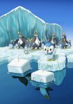  :d absurdres blue_sky day eiscue empoleon gen_4_pokemon gen_8_pokemon highres ice ice_floe no_humans open_mouth outdoors piplup pokemon pokemon_(creature) prinplup q-chan sky smile swimming water 