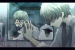  1boy absurdres bathroom blue_eyes different_reflection glasses hair_over_eyes halnaga_oyogu hand_on_mirror hand_up highres horror_(theme) indoors labcoat letterboxed male_focus mirror original reflection sheep short_hair teeth 