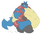  ambiguous_gender anthro belly blue_body bodily_fluids clothing feral gabu2929 hi_res lucario morbidly_obese nintendo obese overweight pok&eacute;mon pok&eacute;mon_(species) solo sweat torn_clothing video_games yellow_belly 
