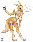  anthro bandai_namco bedroom_eyes bent_over big_breasts black_sclera blush breasts claws digimon digimon_(species) dipstick_ears dipstick_tail feet female fur genitals hi_res looking_at_viewer multicolored_ears multicolored_tail narrowed_eyes navel nintendo pok&eacute;ball pok&eacute;mon pussy renamon reptilian_orbit seductive simple_background smile solo text toe_claws toes tongue tongue_out video_games yellow_body yellow_fur 