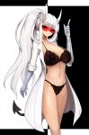  1girl bangs bare_legs black_bra black_panties blunt_bangs bra breasts cleavage closed_eyes closed_mouth collarbone demon_girl demon_horns demon_tail feet_out_of_frame goggles helltaker high_ponytail highres horns index_finger_raised labcoat large_breasts long_hair looking_at_viewer loremaster_(helltaker) multicolored_hair navel notte open_clothes panties prosthesis prosthetic_arm red-tinted_eyewear silver_hair smile solo standing stomach tail two-tone_hair underwear very_long_hair 