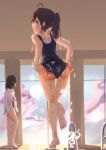  2girls adjusting_clothes adjusting_swimsuit ass barefoot black_hair blush cv-3_(dejiajia) dripping indoors long_hair multiple_girls open_mouth ponytail red_eyes school_swimsuit standing swimsuit towel wet window 