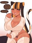  &lt;3 animal_humanoid big_breasts breasts cat_humanoid cinnabus cleavage clothed clothing dialogue felid felid_humanoid feline feline_humanoid female hair hi_res humanoid mammal mammal_humanoid multicolored_hair thick_thighs wide_hips 