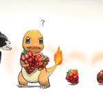  1other ? berry_(pokemon) black_gloves blue_eyes charmander claws commentary_request fangs fingerless_gloves fire flame fumuna gen_1_pokemon gloves holding open_mouth pokemon razz_berry standing starter_pokemon tongue 