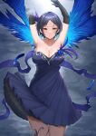  1girl armpits arms_up bangs black_dress black_gloves black_hair blue_feathers blue_flower blue_rose blue_wings breasts cleavage dress elbow_gloves feathers flower gloves hair_ornament hayami_kanade highres idolmaster idolmaster_cinderella_girls large_breasts light_smile looking_at_viewer parted_bangs rose short_hair shougun_(chuckni1) solo wings yellow_eyes 
