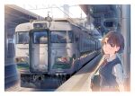  1girl bag blue_eyes blush border bow brown_hair daito day ground_vehicle looking_at_viewer original outdoors red_bow shirt short_hair smile solo sweater_vest train upper_body white_border white_shirt 