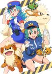  1girl :d absurdres arcanine bangs black_footwear blue_headwear blue_shirt blue_skirt breasts brown_eyes commentary_request cuffs dedenne eyelashes gen_1_pokemon gen_2_pokemon gen_6_pokemon gloves green_hair growlithe hair_between_eyes handcuffs hat highres holding jenny_(pokemon) long_hair multiple_views necktie open_mouth pointing pokemoa pokemon pokemon_(anime) pokemon_(creature) shirt shoes short_sleeves skirt smile spinarak tongue upper_teeth white_gloves white_neckwear 