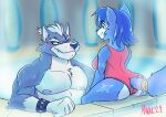  anthro blue_body blue_fur blue_hair breasts butt canid canine canis clothed clothing duo female fur hair krystal makardraws male mammal nintendo one-piece_swimsuit sitting star_fox swimwear video_games water wet wet_body wolf wolf_o&#039;donnell 