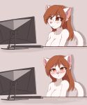  absurd_res anthro blush breasts brown_hair computer domestic_cat eyewear fejess96 felid feline felis female fur glasses hair hi_res looking_at_viewer mammal reaction_image solo white_body white_fur 