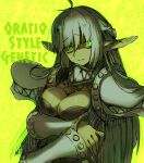  1girl arm_under_breasts arutopian bangs braid breasts cleavage closed_mouth commentary_request english_text eyebrows_visible_through_hair french_braid genetic_(ragnarok_online) green_eyes hair_between_eyes living_clothes long_hair looking_at_viewer medium_breasts pointy_ears ragnarok_online shaded_face smile solo teeth upper_body white_hair 