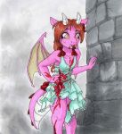  accessory anthro ball_gown blind blue_clothing blue_dress bodily_fluids brown_hair clothing crying dragon dress escape ewgengster_(artist) female gore hair hair_accessory hair_bow hair_ribbon hi_res pink_body pink_scales princess ribbons royalty ruby_summerstone_(character) scales solo spines tears torn_clothing wings wounded 