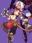  2girls :d animal_ear_fluff animal_ears automaton avatar_(ff11) blue_eyes blue_pupils cat_ears cat_girl cat_tail cross-laced_clothes dark-skinned_female dark_skin facial_mark final_fantasy final_fantasy_xi gloves highres hume leg_up long_sleeves mithra_(ff11) multiple_girls no_eyebrows puffy_sleeves puppetmaster_(final_fantasy) purple_background red_mage short_hair simple_background sleeves_past_elbows smile solo_focus tail teeth white_hair yuccoshi 