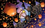  chandelure fire full_body gen_5_pokemon gradient gradient_background lantern no_humans paper_lantern pokemon q-chan simple_background solo yellow_eyes 