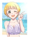  1girl absurdres beach blonde_hair bob_cut breasts brown_eyes cleavage earrings fukuda_noriko highres idolmaster idolmaster_million_live! idolmaster_million_live!_theater_days jewelry lens_flare nanami_com ocean one_eye_closed open_mouth short_hair smile solo sunlight w 