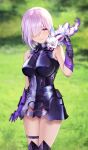  1girl absurdres armor armored_dress breasts creature emanon123 fate/grand_order fate_(series) fou_(fate) gloves grass hair_over_one_eye highres light_purple_hair looking_at_another mash_kyrielight on_shoulder outdoors photo-referenced purple_eyes purple_gloves purple_hair short_hair smile 