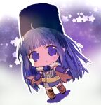  1girl alchemist_(ragnarok_online) arutopian bangs blue_sleeves blush boots brown_cape brown_dress brown_footwear cape chibi closed_mouth commentary_request cross-laced_footwear detached_sleeves dress dutch_angle eyebrows_visible_through_hair full_body fur_collar long_hair looking_at_viewer purple_eyes purple_hair ragnarok_online short_dress smile solo 