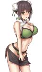  1girl bangs bare_shoulders belt bikini black_hair black_shorts breasts bun_cover chainsaw_of_the_dead cleavage collarbone double_bun elfenlied22 fate/grand_order fate_(series) green_bikini green_eyes green_ribbon hair_ribbon large_breasts looking_at_viewer navel qin_liangyu_(fate) ribbon short_shorts shorts sidelocks swimsuit thighs 