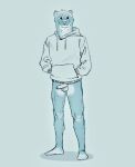  anthro ball_tuft balls blush casual_nudity clothed clothing echto embarrassed erection foreskin fur genitals hoodie humanoid_genitalia male mammal mustela mustelid musteline partially_clothed penis simple_background solo topwear true_musteline tuft uncut 