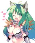  1girl ;d animal_ears armor arutopian bangs blush breasts cleavage commentary_request eyebrows_visible_through_hair gloves green_eyes green_hair hair_between_eyes heart large_breasts long_hair looking_at_viewer one_eye_closed open_mouth pauldrons ragnarok_online rune_knight_(ragnarok_online) shoulder_armor simple_background smile solo spiked_pauldrons upper_body white_background 