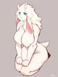  anthro big_breasts bovid breasts buta99 caprine chest_tuft female floppy_ears fur goat green_eyes hi_res hooves horizontal_pupils horn huge_breasts kneeling looking_at_viewer mammal nude pupils scut_tail simple_background solo tasteful_nudity tuft vanilla_(buta99) white_body white_fur 