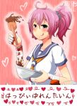  aoba_(kancolle) bdsm blood bondage bound chocolate heart kantai_collection kyouran_souryuu pink_hair ponytail purple_eyes school_uniform smile tongue tongue_out valentine yandere 