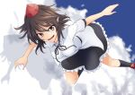  1girl ashiroku_(miracle_hinacle) black_skirt breasts brown_hair cloud dress_shirt feet_out_of_frame flying frills hat kneehighs large_breasts looking_at_viewer medium_hair neck_ribbon no_wings open_mouth orange_eyes pointy_ears red_footwear ribbon shadow shameimaru_aya shirt short_sleeves skirt sky smile solo tokin_hat touhou tsurime wing_collar 