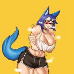  animal_humanoid big_breasts blue_hair breasts canid canid_humanoid canine canine_humanoid cleavage clothed clothing ezzyecchi female hair hi_res hopey humanoid mammal mammal_humanoid simple_background solo wolf_humanoid yellow_background 