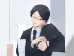  1boy black-framed_eyewear black_hair black_suit blurry blurry_foreground cellphone droplets glasses highres ijichi_kiyotaka indoors jujutsu_kaisen male_focus mirror necktie phone solo standing starryskywinter sweatdrop talking_on_phone upper_body watch wristwatch 